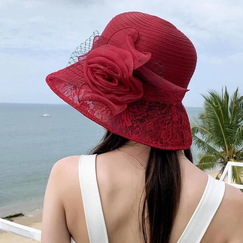 Vintage Flower Decor Organza Bucket Hat Sunscreen Fashion Elegant Travel - £11.43 GBP