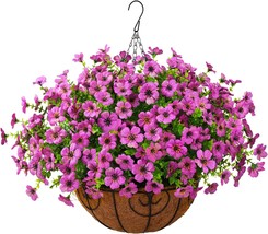 Artificial Faux Hanging Plants Flowers Basket Outdoor Porch Garden, Purple - $43.99