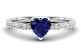 1/2Ct Heart Cut Lab-Created Sapphire &amp; CZ Sidestone Engagement Ring - 925 Silver - £72.15 GBP