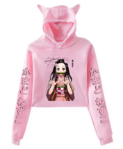 Kamado Nezuko Pink Cat-Ear Hoodie – Harajuku Anime Crop Top for Women and Girls - $25.98