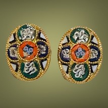 Antique Vintage Art Deco Retro Brass Micro Mosaic  Womens Earrings - £39.18 GBP