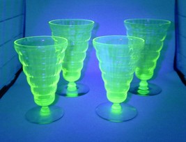 Utility Glass Works Cambodia Ware Vaseline Green Foot Ice Tea Water Goblet Set 4 - £198.10 GBP