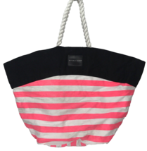 Victoria&#39;s Secret Large Tote Bag Pink White Stripe Black Rope Handles Be... - £23.88 GBP