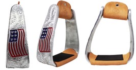 Horse Western 5&quot; Patriotic American Flag Engraved Aluminum Angled Show Stirrups - £51.01 GBP