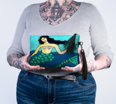 Colorful Abstract Art Mermaid Vegan Leather Wristlet Clutch Purse Handbag  - £47.01 GBP