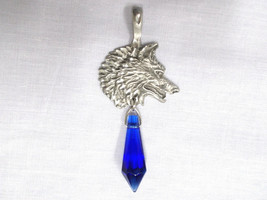 Engraved Pewter Animal Wolf Profile W Dark Blue Glass Prism Pendant Adj Necklace - £27.97 GBP