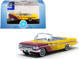 1961 Chevrolet Impala Convertible Yellow w Purple Flames Hot Rod 1/87 HO Scale D - £18.84 GBP