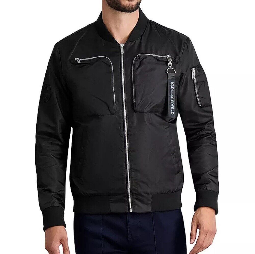 Karl Lagerfeld Paris Men&#39;s Exposed Zip Pocket Nylon Bomber Ribbed Jacket... - $115.12