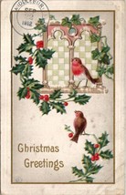 Christmas Greetings Pretty Birds and Holly 1912 Indianapolis IN Postcard W10 - £3.16 GBP