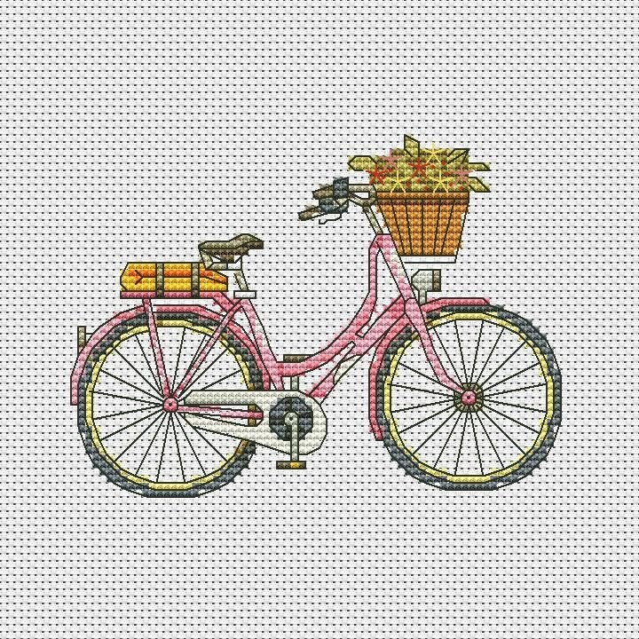 Bike Cross stitch Spring pattern pdf - Retro bicycle cross stitch flowers  - $2.99