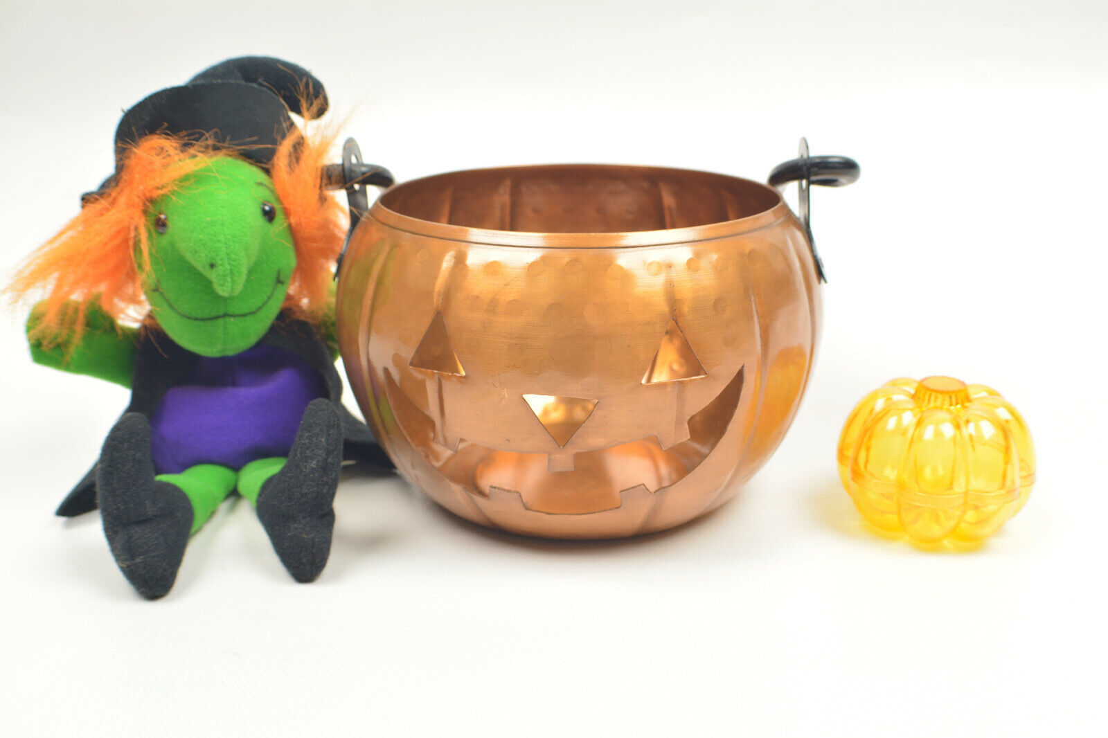 Halloween Stuff Witch Plush Jack O Lantern Candle Holder Small Pumpkin  - $5.89