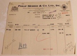 Vintage Phillip Morris &amp; Company Receipt from August 24 1945 Ephemera Ohio - £9.57 GBP