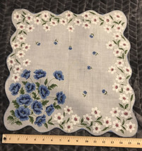 Blue White Pink Flowers Floral Scalloped 16&quot; Sq. Handkerchief Hanky Cotton - $18.60