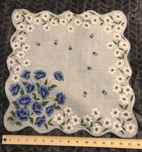 Blue White Pink Flowers Floral Scalloped 16&quot; Sq. Handkerchief Hanky Cotton - £14.90 GBP