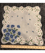 Blue White Pink Flowers Floral Scalloped 16&quot; Sq. Handkerchief Hanky Cotton - $18.60