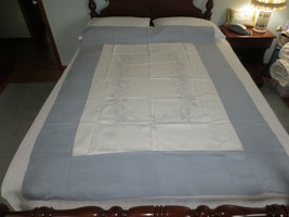 Vtg. Grey Floral On OFF-WHITE Machine Embroidered Linen Tablecloth - 52&quot; X 69&quot; - £11.99 GBP