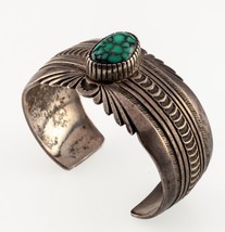 Navajo Turquoise Sunrise Stamped Sterling Silver Cuff Bracelet by R. Taylor - £512.00 GBP