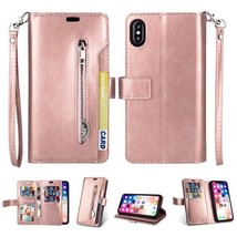 Leather Card Holding Zipper Case w/Strap for iPhone Xs Max 6.5″ ROSE GOLD - £7.56 GBP