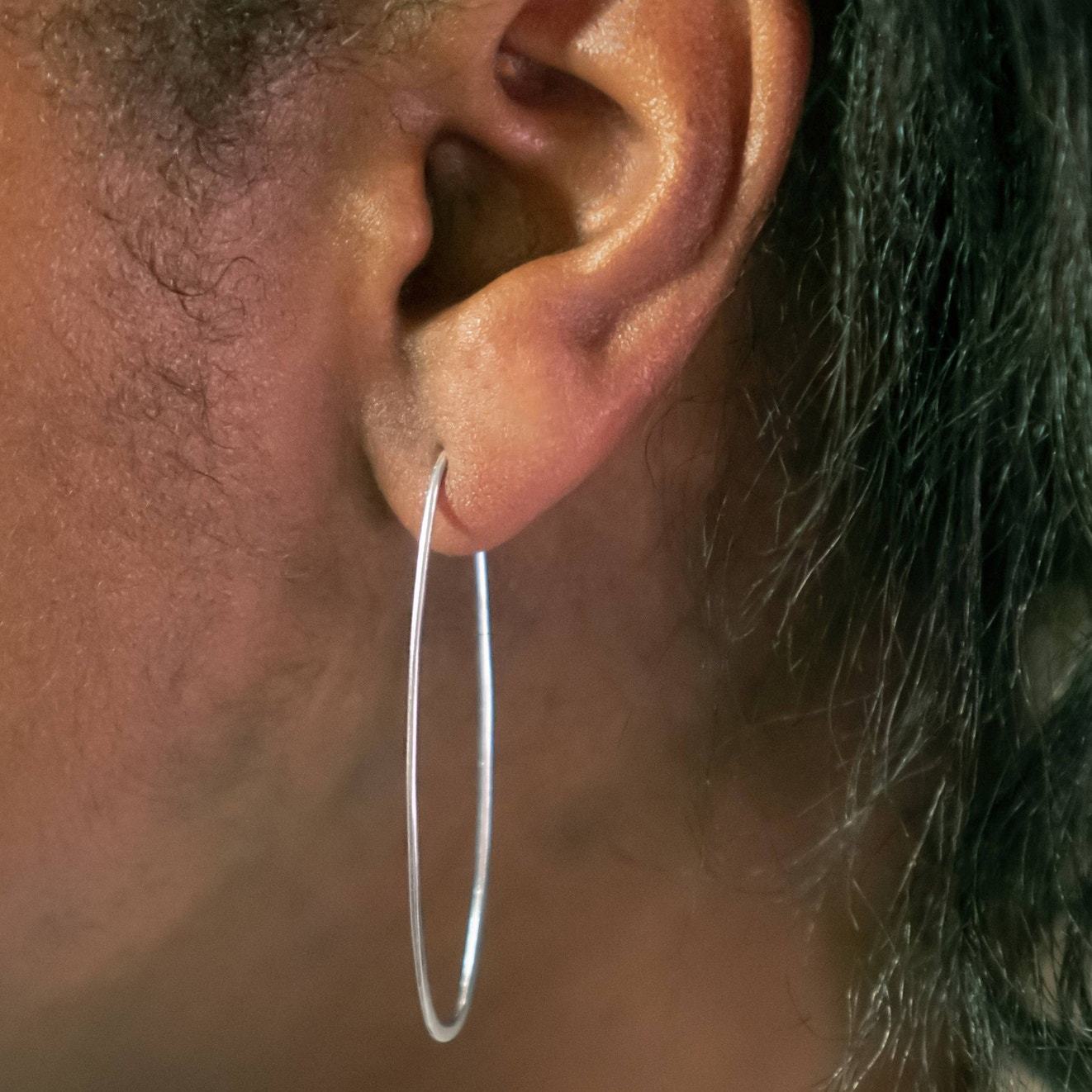 Artisan Sterling Silver Hoop Long Oval Earrings 50x15mm Item image 2