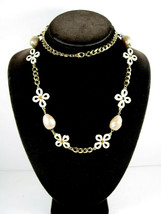 Vintage Cream Enamel Flowers Beehive Glass Faux Pearls Necklace Goldtone 30&quot; - £15.07 GBP