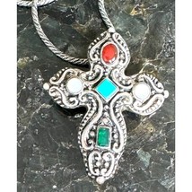 Ornate 925 Sterling Silver Multi Gemstones Cross Pendant Necklace Sky - $74.65