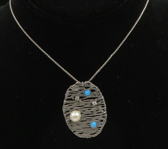 925 Silver - Vintage Pearl Fire Opal &amp; Topaz Modernist Chain Necklace - NE3300 - £72.01 GBP