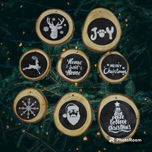 Set of 8 Rustic Wooden Log Pine Chips Black White Christmas Ornaments - $12.11