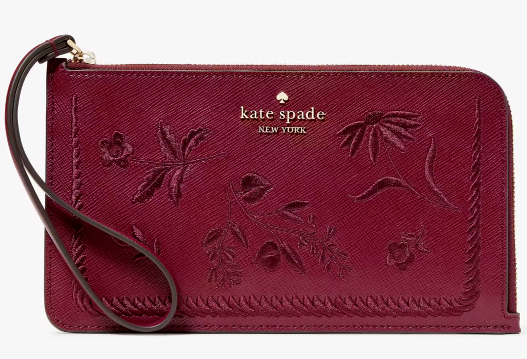 Kate Spade Lucy Botanical Embroidered Medium L Zip Wristlet KH768 NWT Burgundy