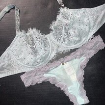 Victoria&#39;s Secret unlined 34D BRA SET XS thong BLUE lace gray silver SHI... - $79.19