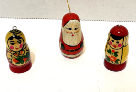 VTG Hand Painted Russian Doll Mini 1.75&quot; Christmas Ornaments Santa 2 Girls Lot 3 - £11.47 GBP