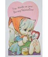 VINTAGE VALENTINE CARD WHITE KITTY CAT SCARF STUCK ON YOU BE MY VALENTIN... - €8,24 EUR