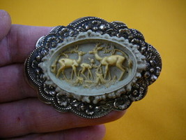(CL11-3) Family of DEER Buck Mama baby gray + ivory oval CAMEO brass Pin Pendant - £29.13 GBP