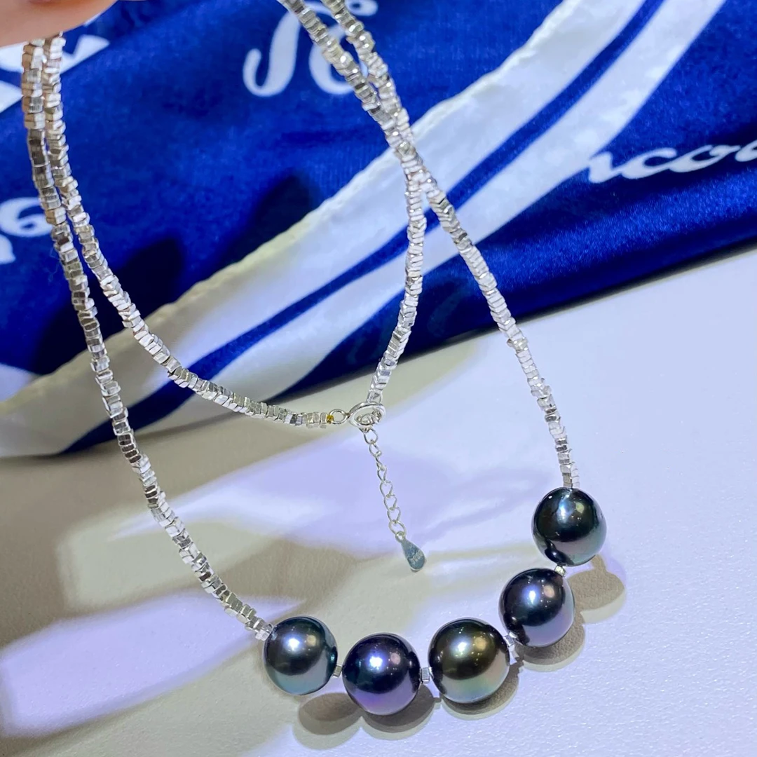 Dazzling S925 Sterling Silver Rock 9-10mm Tahitian Black Pearls Necklace Luxury - £256.75 GBP