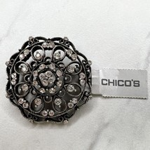 Chico&#39;s Silver Tone Floral Flower Rhinestone Brooch Pin Made in USA - £11.07 GBP