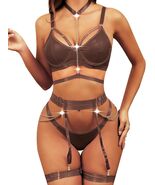 Donnalla Leather Lingerie Set 5 Piece Push Up Bra Panty Garter Brown Size S - $223.85 MXN