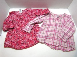 Girls 18 Month Tops Set of 2 Pink Long Sleeve W/ Button-Up Chests Plaid &amp; Hearts - £7.76 GBP