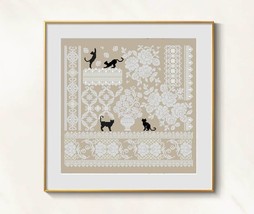 Cats cross stitch sampler pattern pdf - Roses cross stitch black cats whitework  - £5.90 GBP