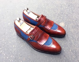 Premium Leather Blue Maroon Two Tone Apron Toe Men Handmade Men Monk Shoes - £118.61 GBP+