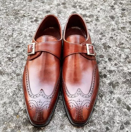 Men&#39;s Handmade Brown Wingtip Leather Monk Chiseled Toe Oxford Dress Form... - £124.96 GBP