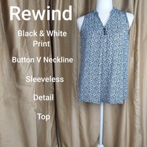 Rewind Black &amp; White Print Detail Button Neckline Top Size M - £9.56 GBP