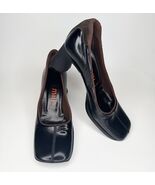 Miu Miu 90s Shoes 37 Black Patent Leather Brown Suede Square Toe Block Heel - $270.27