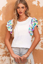 White Voluminous Printed Puff Sleeve Textured Top - £15.42 GBP