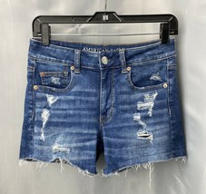 American Eagle Shorts 4 Hi-Rise Shortie Denim Jean Destroyed Holes Raw Fray - £11.21 GBP