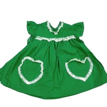 Vintage Handmade Girls Green Polka Dot Spring Dress Lace Trim Front Pockets - £15.06 GBP
