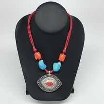 1pc, Turkmen Necklace Pendant Statement Tribal Coral Inlay Beaded,20-22&quot;, TN768 - £11.19 GBP