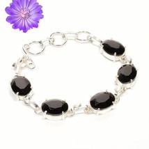 Birthday Gift For Her Natural Black Onyx Gemstone Chain Bracelet 925 Silver - £8.39 GBP