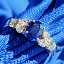 Earth mined Sapphire Diamond Deco Engagement Ring Vintage Gatsby Style Solitaire - $6,048.78 CAD