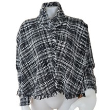 Zara Tweed Fringed Top Womens M Black White Plaid Funnel Mock Neck Crop ... - $19.18