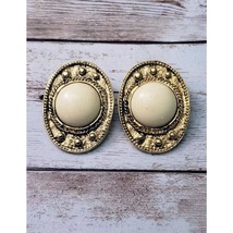 Vintage Clip On Earrings Statement Oval Shape Cream &amp; Gold Tone Large - $16.99