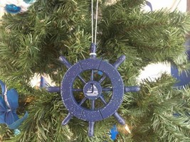 [Pack Of 2] Rustic Dark Blue Decorative Ship Wheel With Sailboat Christmas Tree  - £38.41 GBP